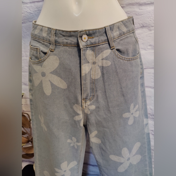 NWOT Floral Print Straight Leg Jeans High Waist Zipper Fly CasualDenim Long Pant - Picture 2 of 10